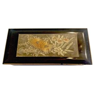Yutaka Lacquerware Floral Metal Relief Music Jewelry Box Japan #2002 Black Gold